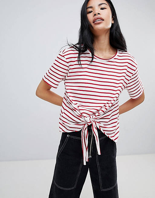 Pull&Bear Tie Front T-Shirt In Red Stripe