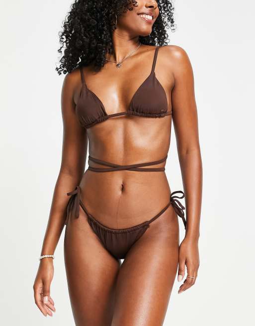 Pull&Bear tie side bikini bottom co-ord in brown	, 4 of 4