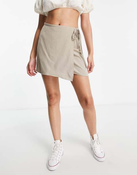 Pull&Bear tie side detail mini skirt in sand - view 1