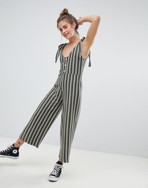 Pull Bear tie strap jumpsuit in stripe print