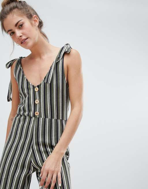 Pull Bear tie strap jumpsuit in stripe print