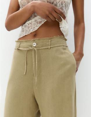 Pull & Bear Tie Up Waist Frayed Hem Wide Leg Pants