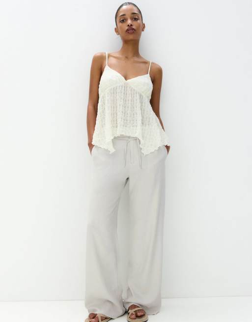 Pull&Bear tie up waist frayed hem wide leg trousers in grey