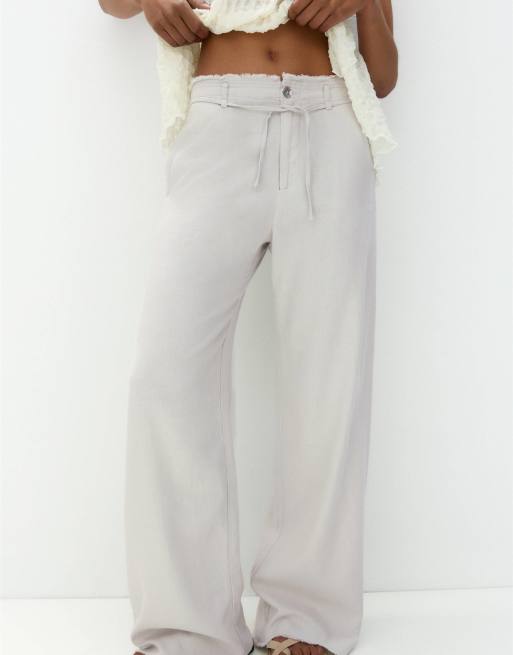Pull&Bear tie up waist frayed hem wide leg trousers in grey