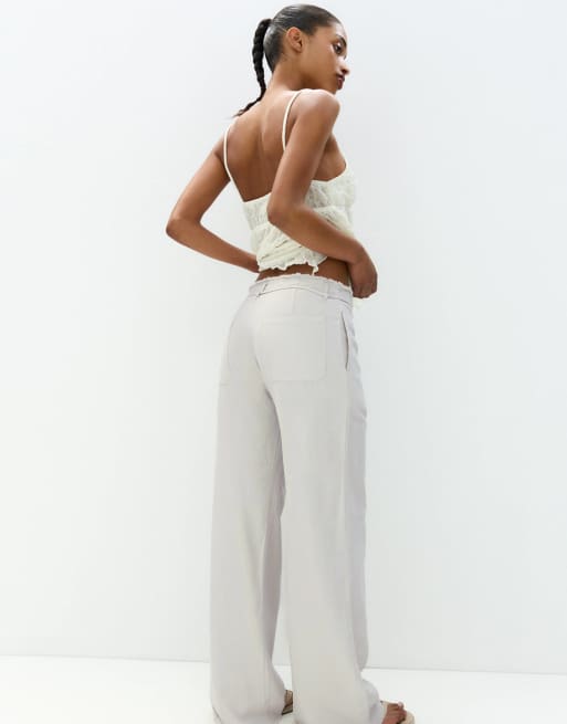 Pull&Bear tie up waist frayed hem wide leg trousers in grey