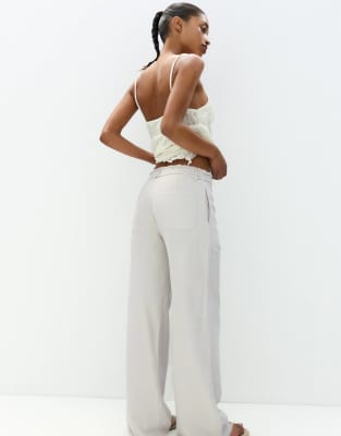 Pull&Bear tie up waist frayed hem wide leg trousers in grey