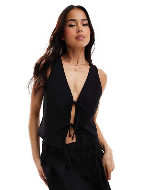 Pull&Bear tie up waistcoat co-ord in black