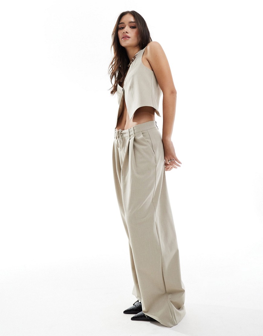 tie waist detail pinstripe tailored pants in sand - part of a set-Neutral