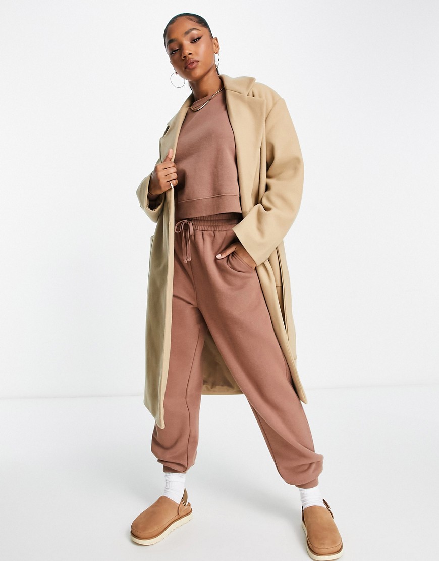 Pull & Bear tie waist double breasted tailored coat in sand-Neutral