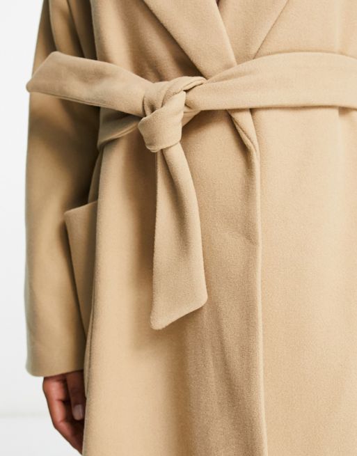Pull&Bear tie waist double breasted tailored coat in sand