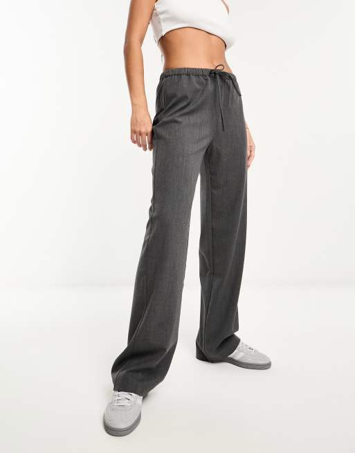 Pull&Bear tie waist straight leg pants in dark grey