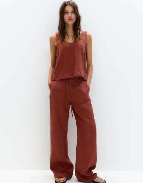 Pull&Bear tie waist wide leg linen trouser in orange