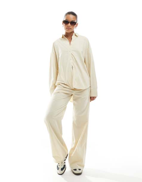 Pull&Bear tie waist wide leg pants in cream - part of a set - view 1