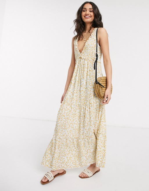 Pull&Bear tiered midi dress in yellow floral print