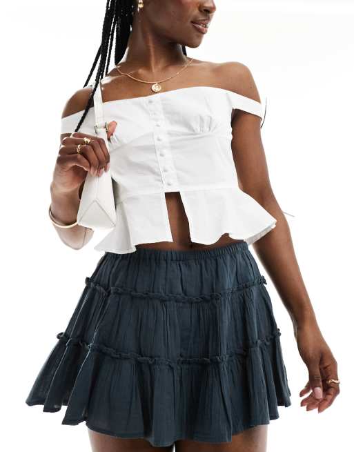 Pull&Bear tiered mini rara skirt in charcoal gray