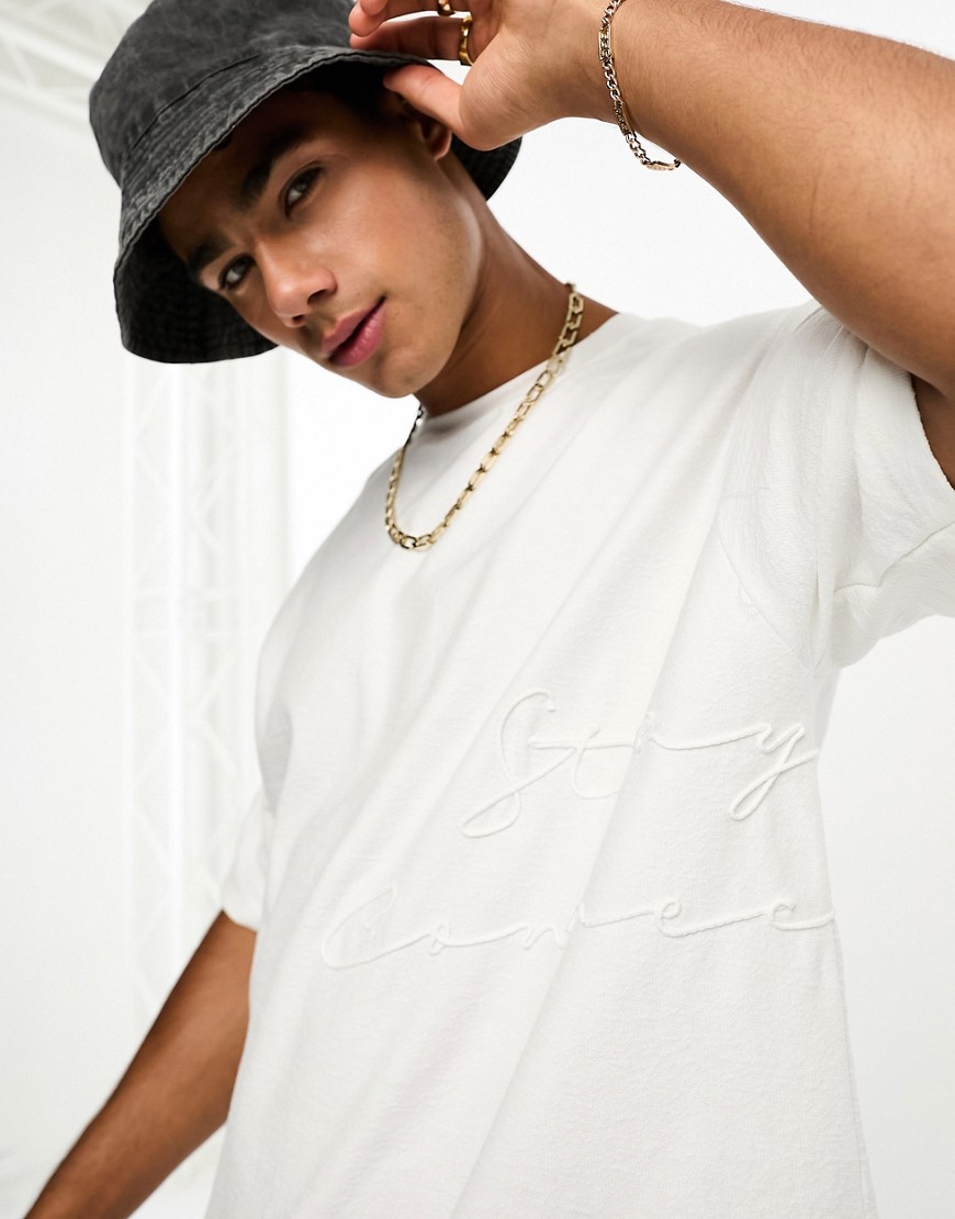 Pull & Bear tonal embroidered t-shirt in white