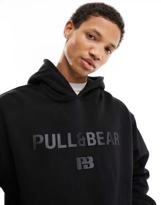 Pull & Bear tonal printed hoodie in black