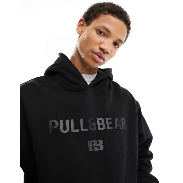 Pull Bear tonal printed hoodie in black