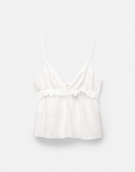 Pull&Bear - Top à bretelles et volants - Blanc