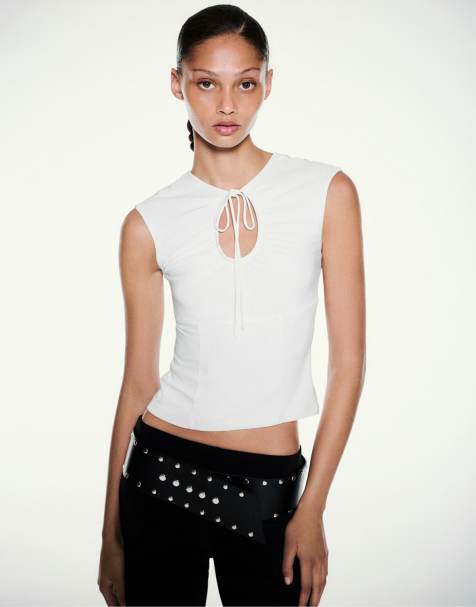 Pull&Bear top à col noué froncé beige - view 1