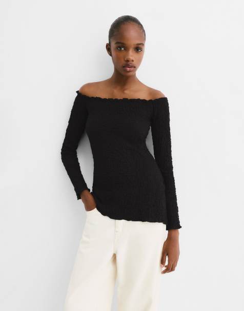 Pull&Bear - Top à encolure Bardot effet froissé - Noir - view 1