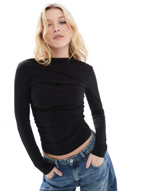 Pull&Bear - Top a maniche lunghe accollato nero con dettagli raccolti