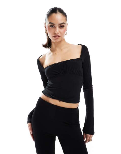 Pull&Bear - Top a maniche lunghe arricciato nero in rete - view 1