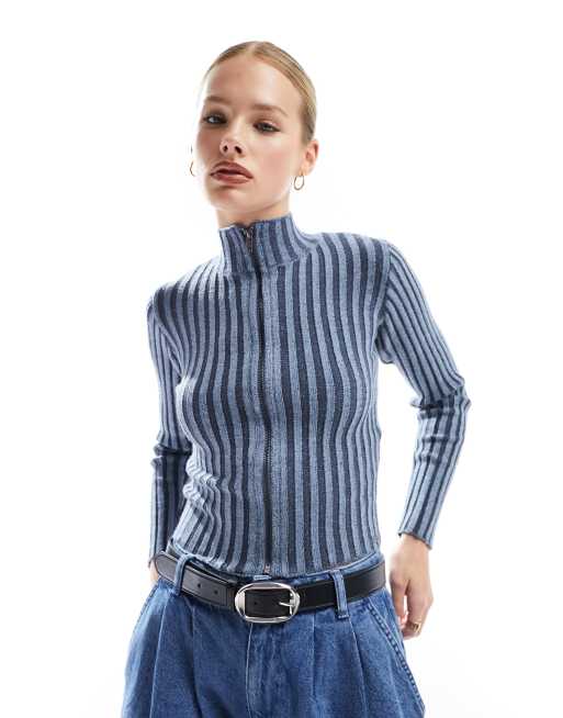 Pull&Bear - Top a maniche lunghe blu a coste lavaggio acido