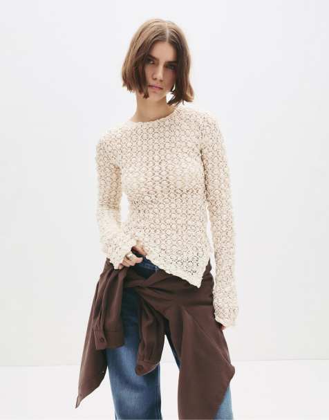 Pull&Bear - Top a maniche lunghe in pizzo beige - view 1