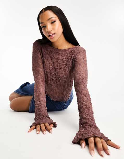 Pull&Bear - Top a maniche lunghe in pizzo color prugna - view 1