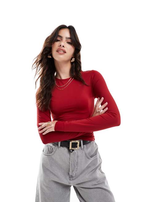 Pull&Bear - Top a maniche lunghe modellante rosso scuro in poliammide