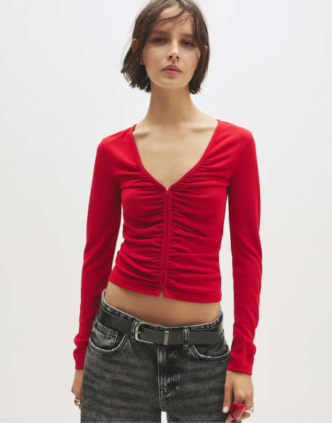Pull&Bear - Top a maniche lunghe rosso con bottoni a pressione - view 1