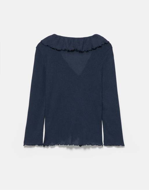 Pull&Bear top à volants à manches 3/4 bleu marine, 7 de 7
