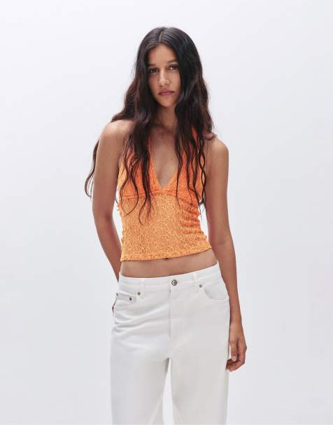 Pull&Bear - Top allacciato al collo arancione in pizzo a maglia - view 1