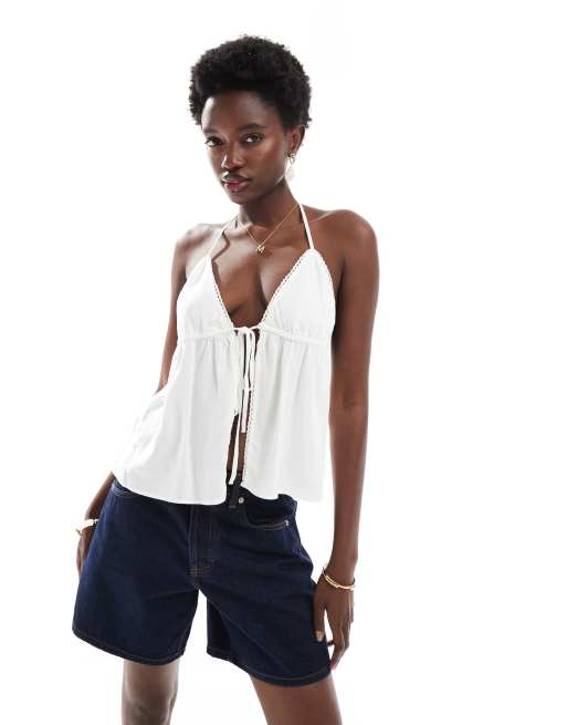 Pull&Bear - Top allacciato al collo bianco in lino