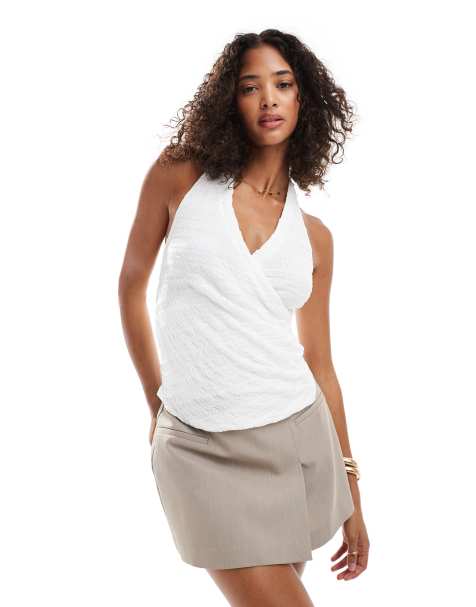 Pull&Bear - Top allacciato al collo bianco testurizzato - view 1