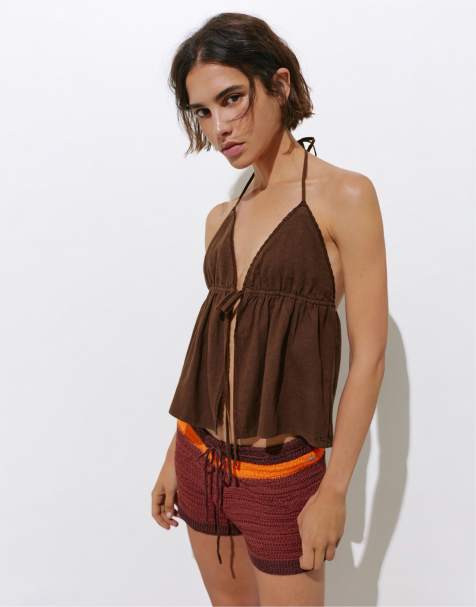 Pull&Bear - Top allacciato al collo color cioccolato con finiture in pizzo e lino - view 1