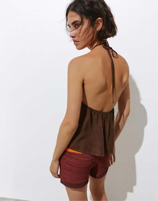 Pull&Bear - Top allacciato al collo color cioccolato con finiture in pizzo e lino, 3 di 4