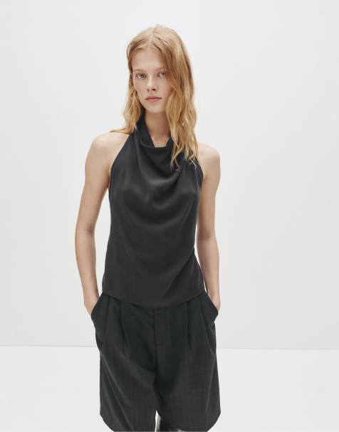 Pull&Bear - Top allacciato al collo grigio con schiena scoperta - view 1