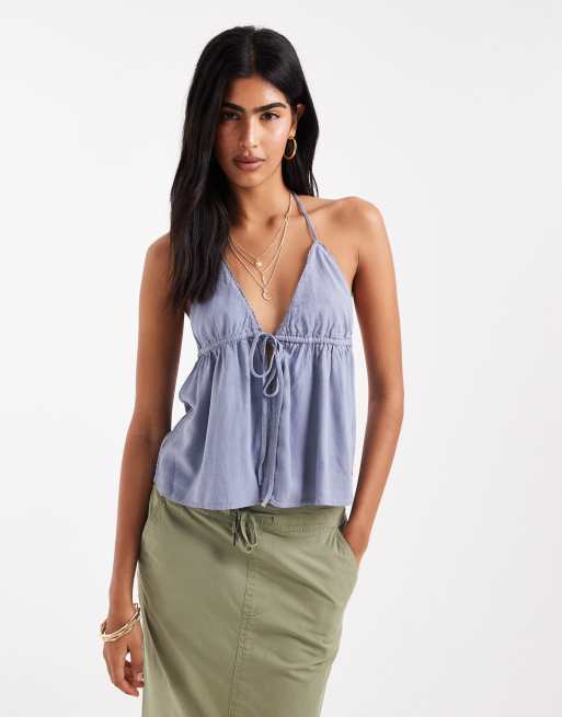 Pull&Bear - Top allacciato al collo in misto lino blu