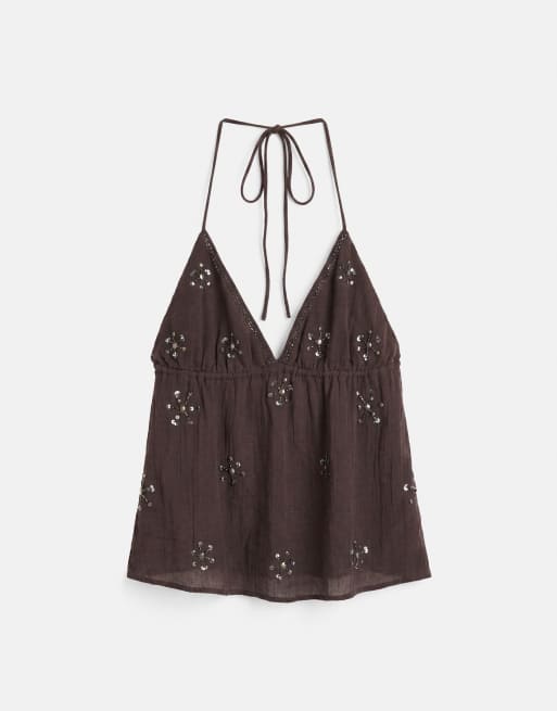 Pull&Bear - Top allacciato al collo marrone con perline, 4 di 4