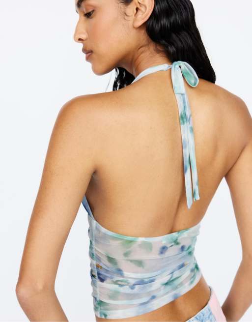 Pull&Bear - Top allacciato al collo multicolore blu a fiori