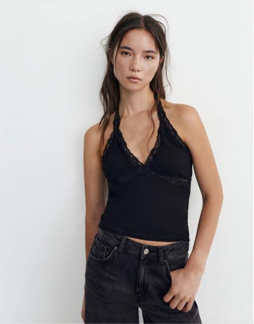 Pull&Bear - Top allacciato al collo nero con finiture in pizzo, 4 di 4