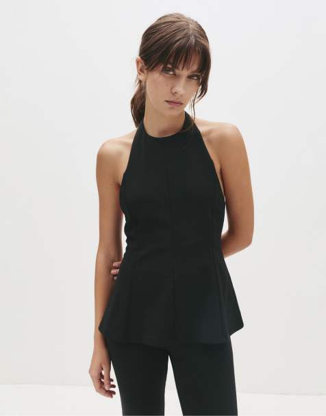 Pull&Bear - Top allacciato al collo nero con peplo - view 1