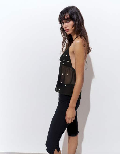 Pull&Bear - Top allacciato al collo nero con specchietti, 3 di 4
