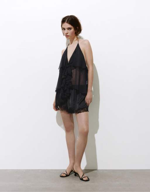 Pull&Bear - Top allacciato al collo nero con volant, 4 di 4