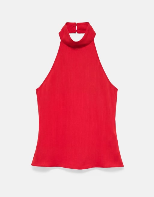 Pull&Bear - Top allacciato al collo rosso fluido, 6 di 7