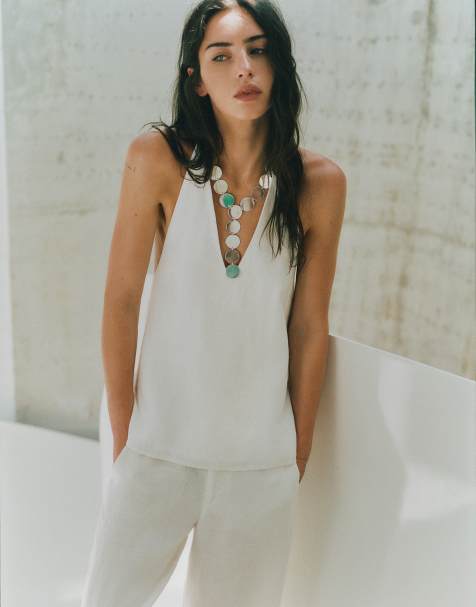 Pull&Bear top all'americana in lino 100% bianco - view 1