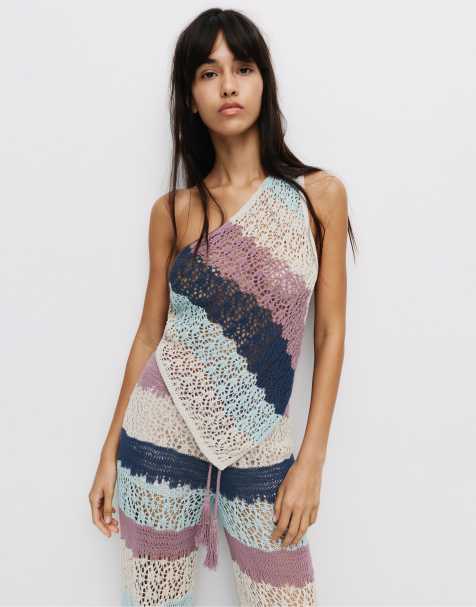 Pull&Bear - Top all'uncinetto viola a righe - view 1