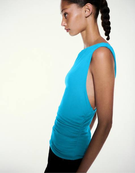 Pull&Bear top asimmetrico arricciato turchese - view 1